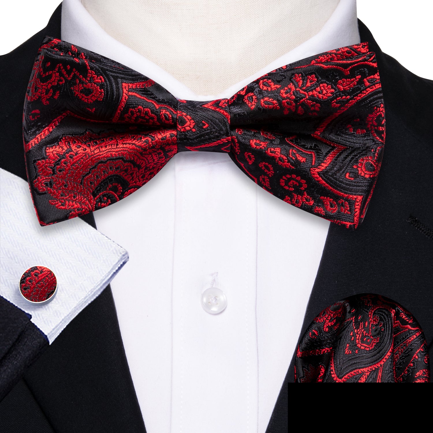Black Red Paisley Silk Tie Handkerchief Cufflinks Set