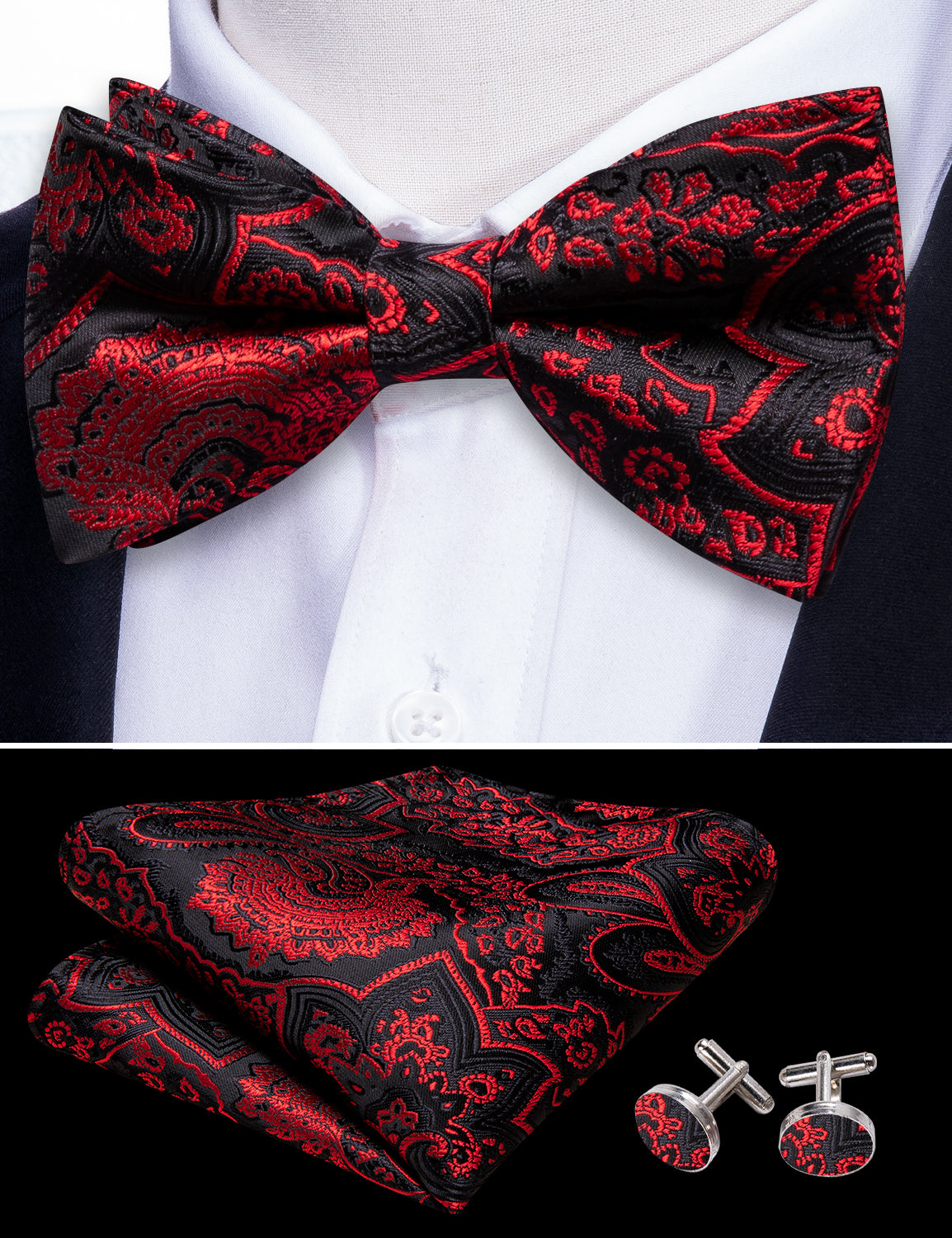 Black Red Paisley Silk Tie Handkerchief Cufflinks Set