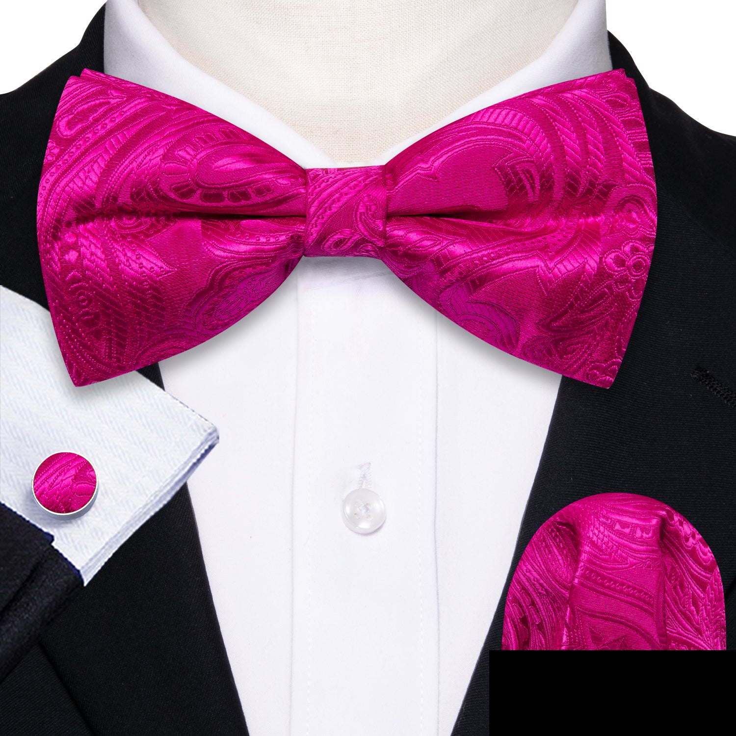Mens Rose Red Paisley Pre Tied Bow Tie Hanky Cufflinks Set