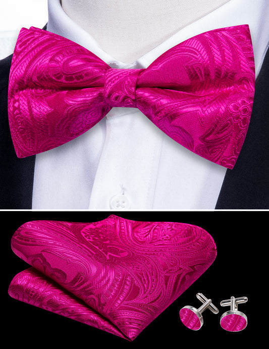 Mens Rose Red Paisley Pre Tied Bow Tie Hanky Cufflinks Set