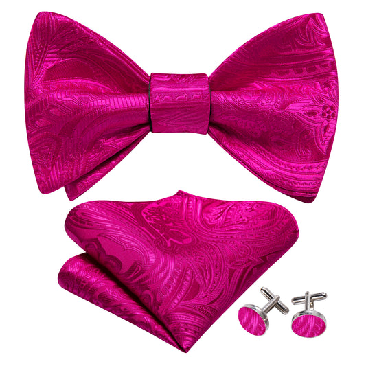 Barry. Wang Hot Pink Bowtie Men's Cufflinks Set Jacquard Floral Self-tied Bow Tie for Formal Tuxedos
