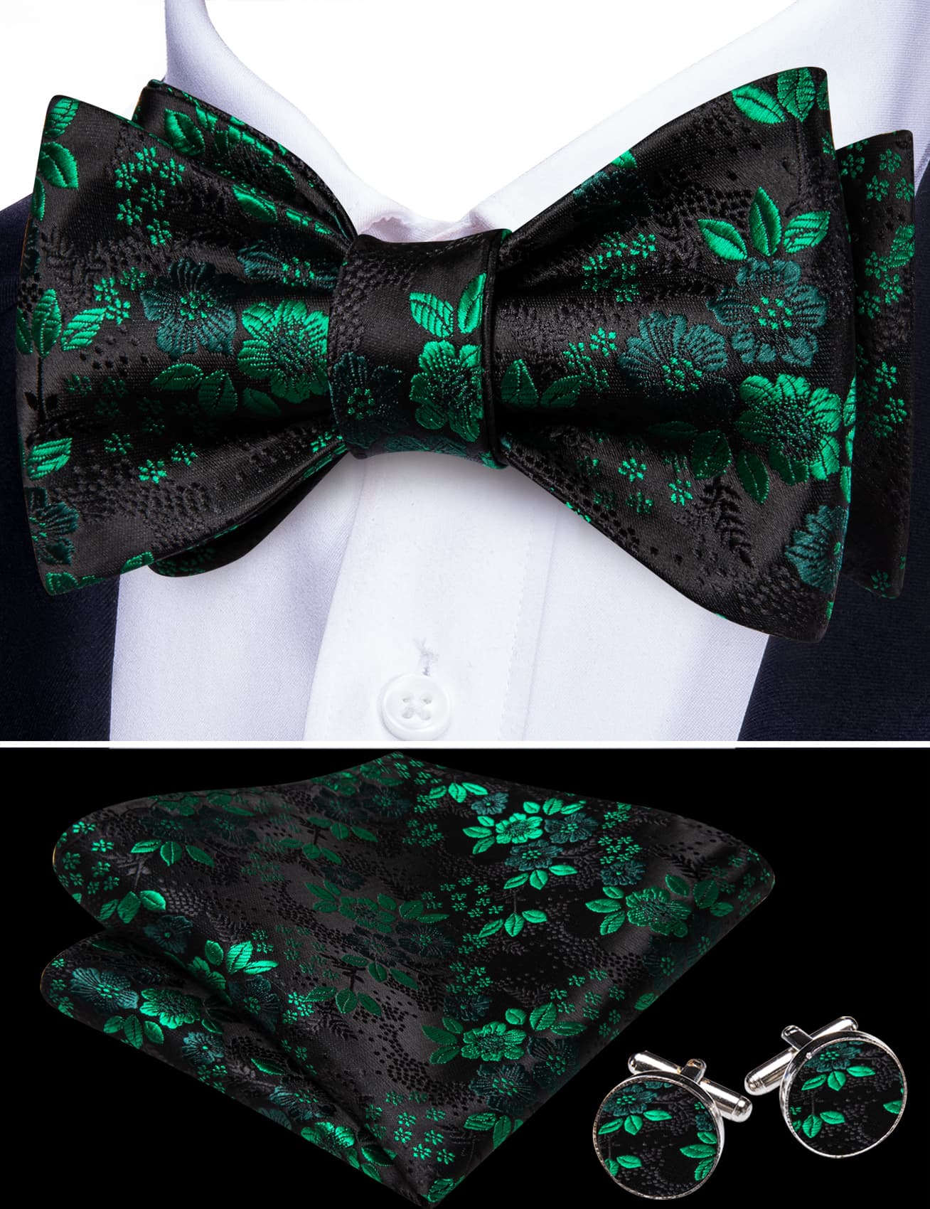 Black Bow Tie Green Floral Mens Bow Tie Hanky Cufflinks Set