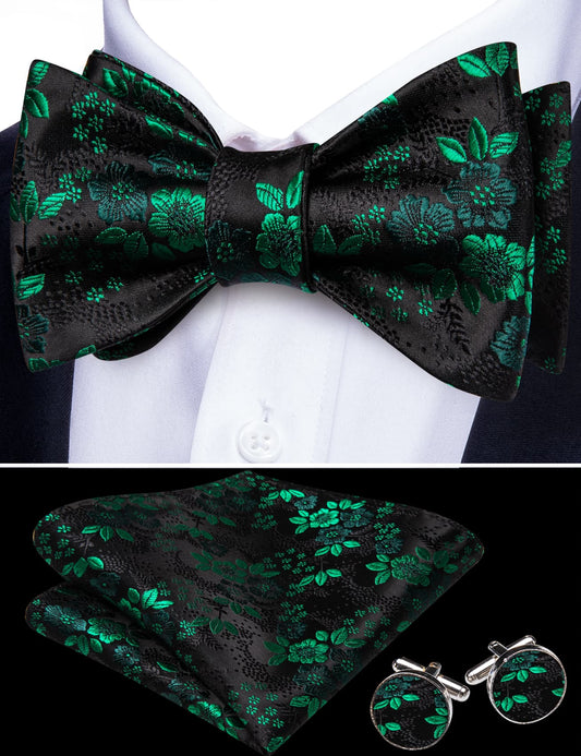 Black Bow Tie Green Floral Mens Bow Tie Hanky Cufflinks Set