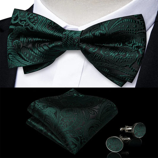 Barry. Wang Hunter Green Floral Bowtie Pre-tied Formal Bow Tie Handkerchief Cufflinks Set