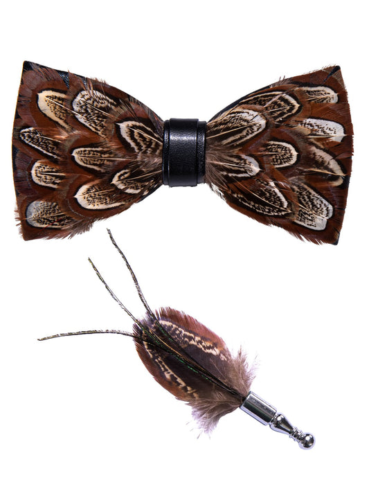 Barry. Wang Brown Feather Bow Ties Novelty Mens Pre-tied Bowtie Brooch Set