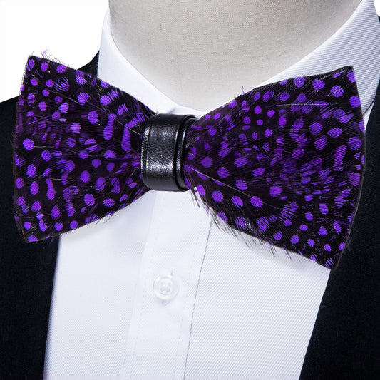 Barry. Wang Purple Polka Dot Feather Bowtie Novelty Mens Pre-tied Bowtie Brooch Set