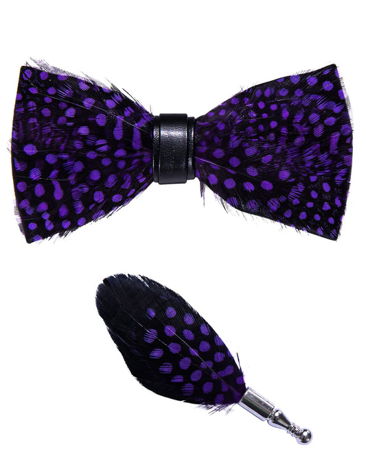 Barry. Wang Purple Polka Dot Feather Bowtie Novelty Mens Pre-tied Bowtie Brooch Set