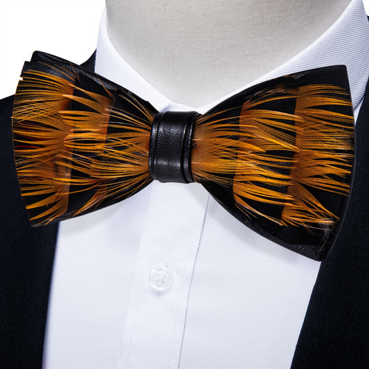 Barry. Wang Gold Feather Bowtie Novelty Mens Pre-tied Bowtie Brooch Set