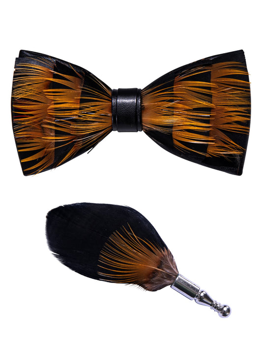Barry. Wang Gold Feather Bowtie Novelty Mens Pre-tied Bowtie Brooch Set