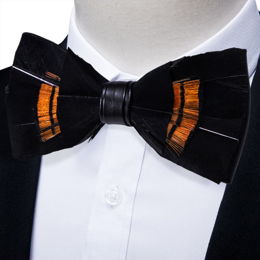 Barry. Wang Black Feather Bowtie Novelty Mens Pre-tied Bowtie Brooch Set
