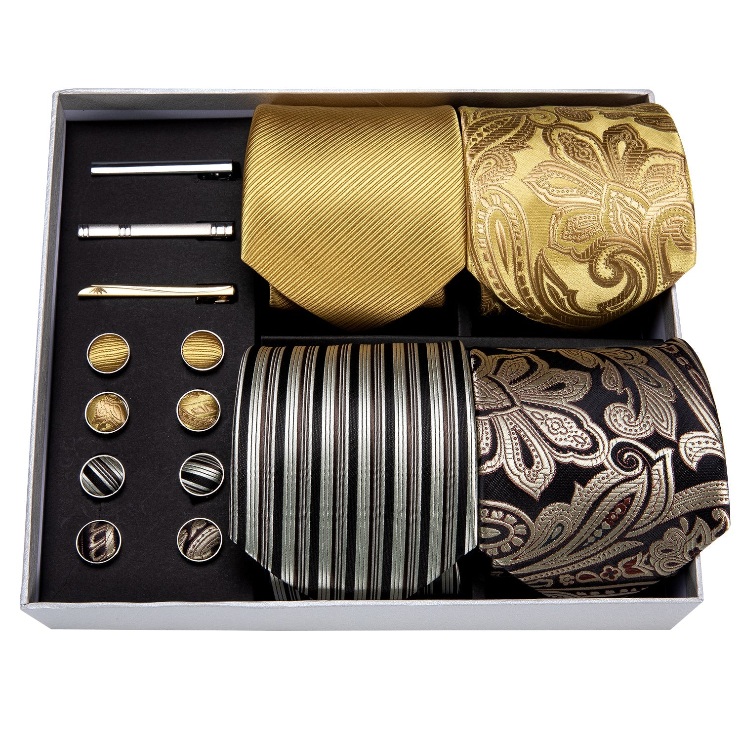 4pcs Men Black Golden Silk Mens Necktie Pocket Square Cufflinks Clip Gift Box Set
