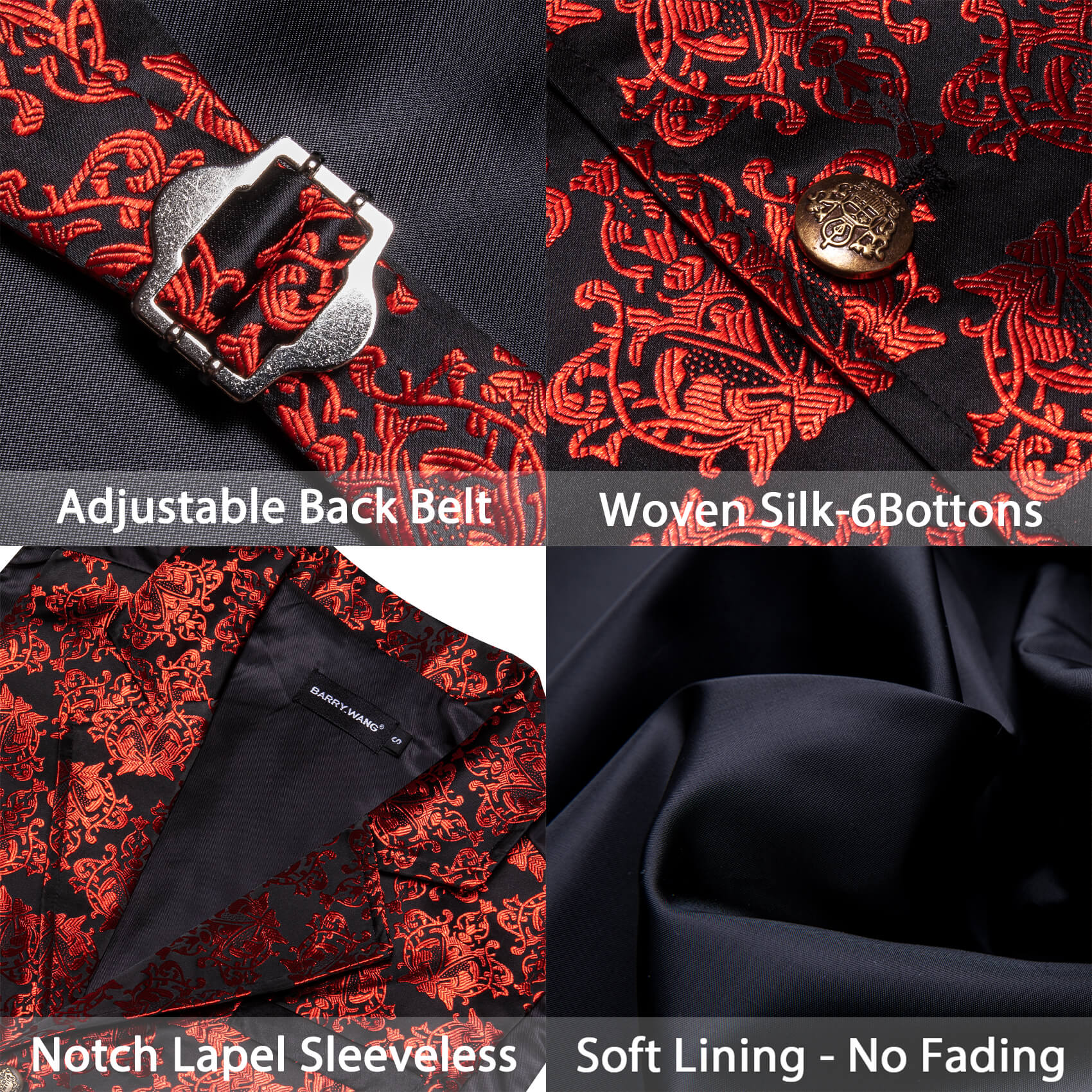 Barry Wang Novelty Red Jacquard Black Mens Button Up Vest