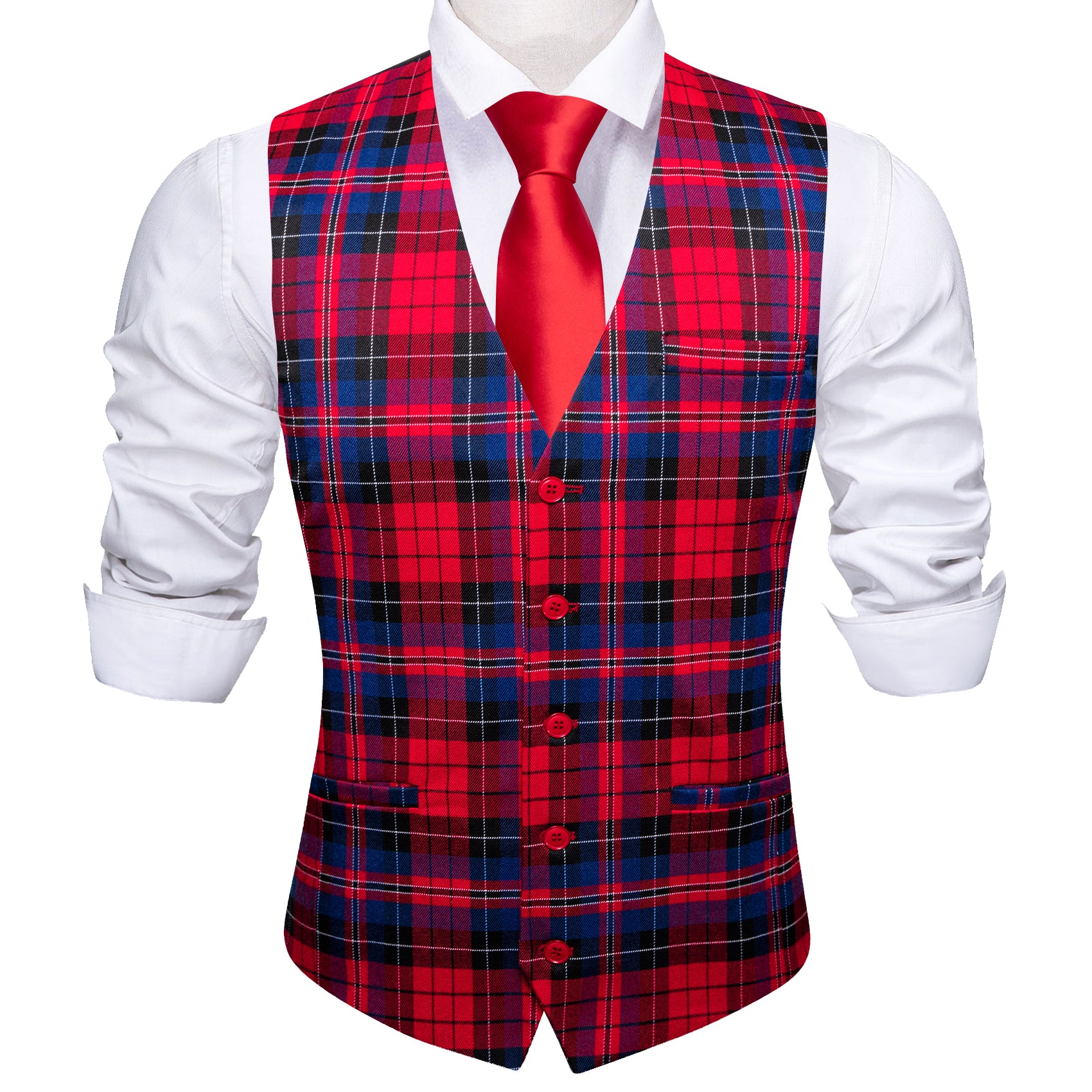 Barry.wang Causal Red Blue Plaid Waistcoat Vest