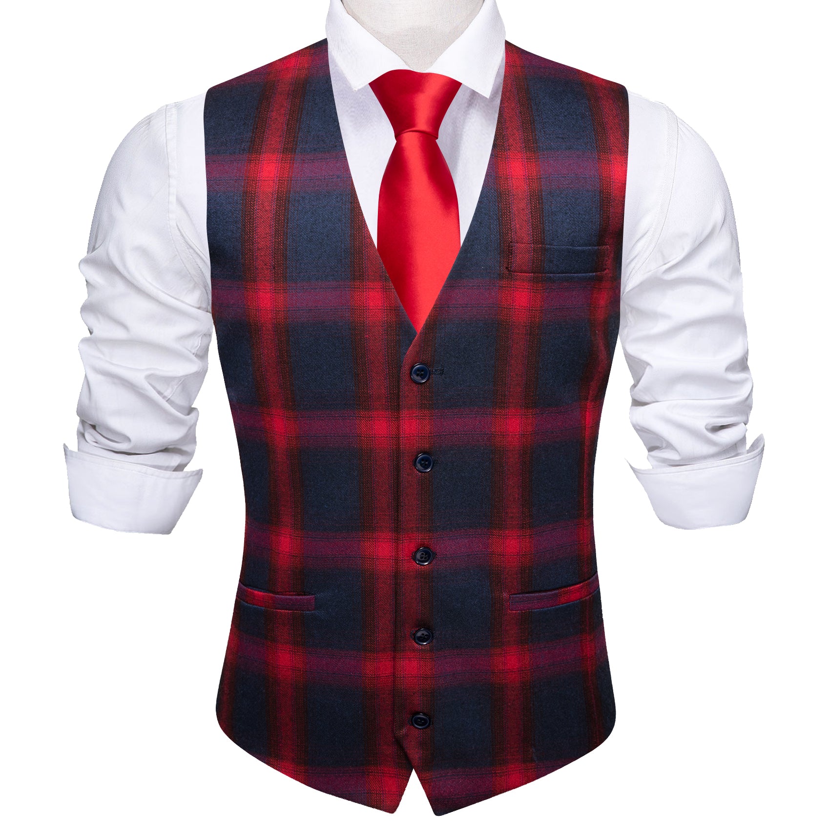 Barry.wang Classy Red Black Plaid Vest Waistcoat Set