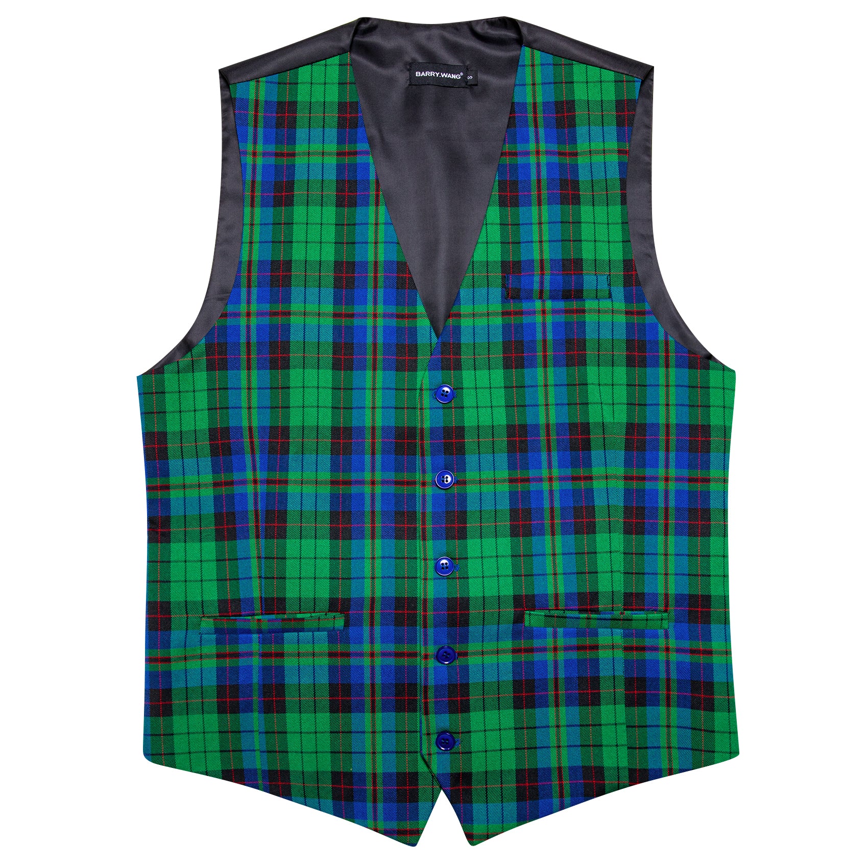 Barry.wang Cobalt Blue Green Plaid Vest Waistcoat Set