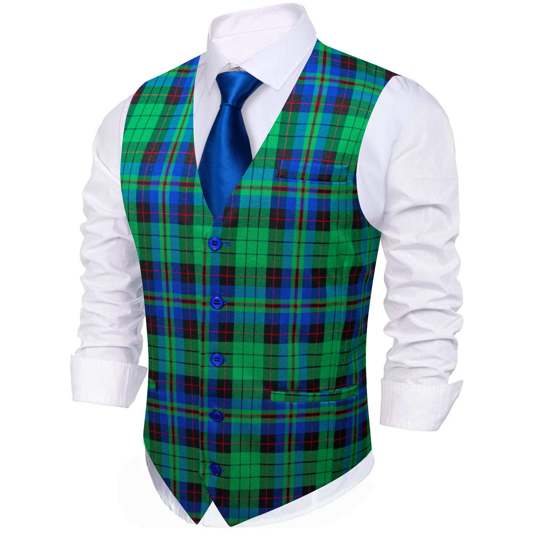 Barry.wang Cobalt Blue Green Plaid Vest Waistcoat Set