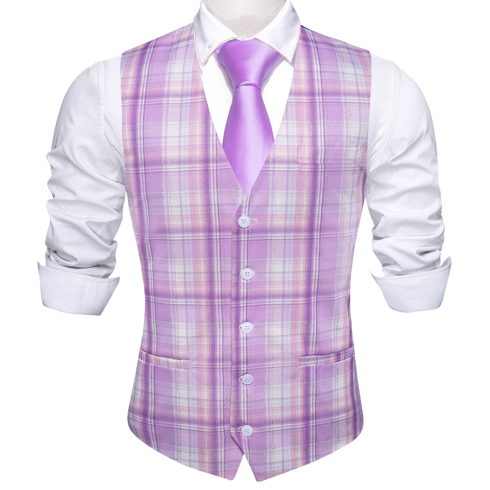 Barry.wang Pink Purple Plaid Waistcoat Vest