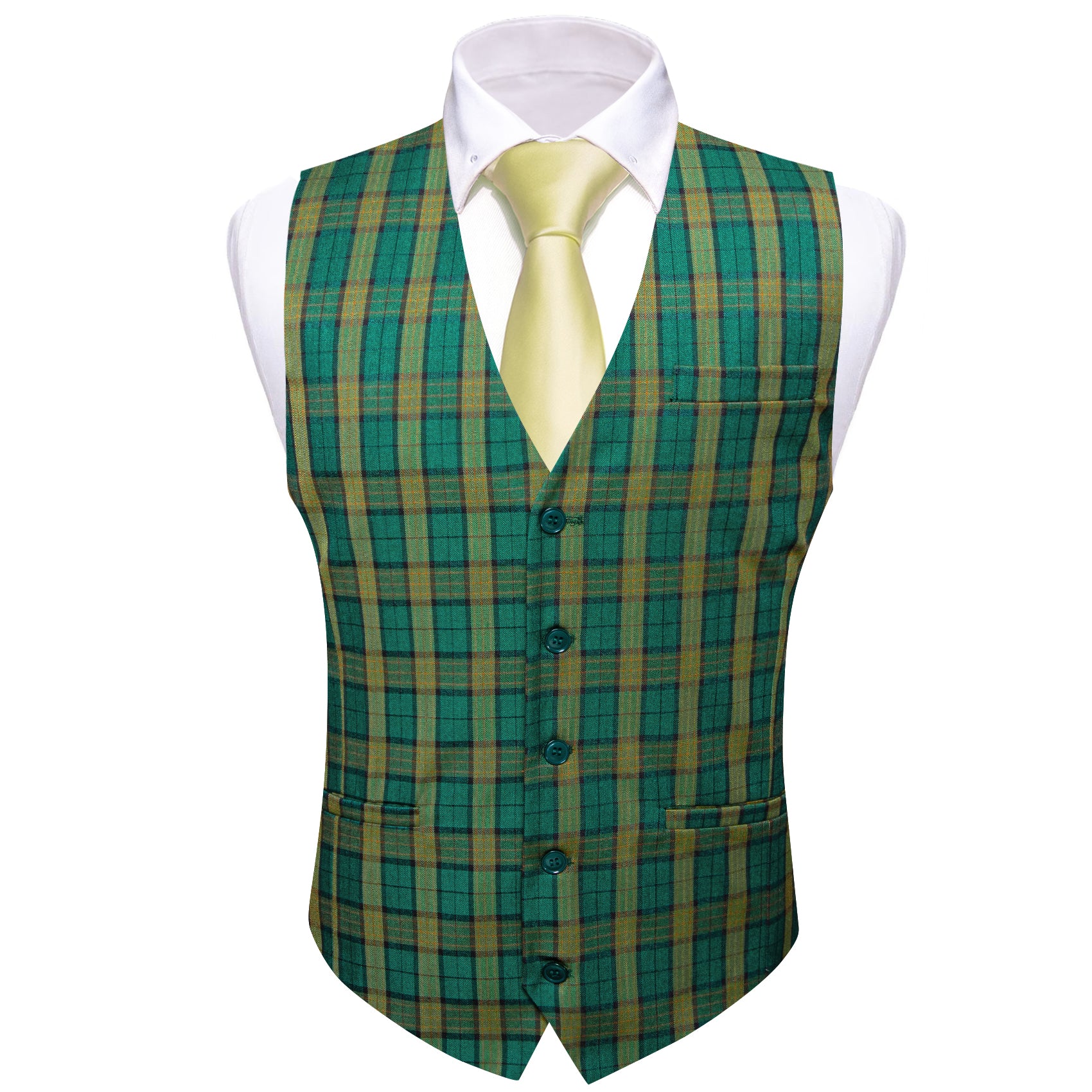 Barry.wang Men's Work Vest Green Yellow Plaid Waistcoat Vest