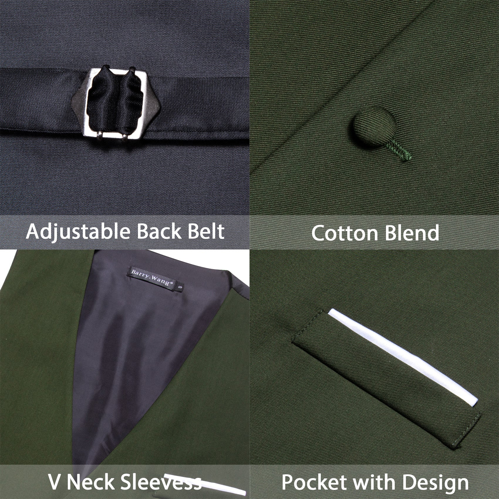 Barry.wang Men's Vest Olive Green Solid Necktie Bowtie Hanky Cufflinks Vest Set