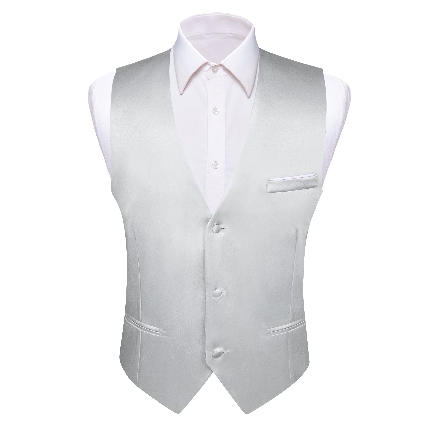  Collarless Waistcoat White Solid Men's Silk Wedding Vest