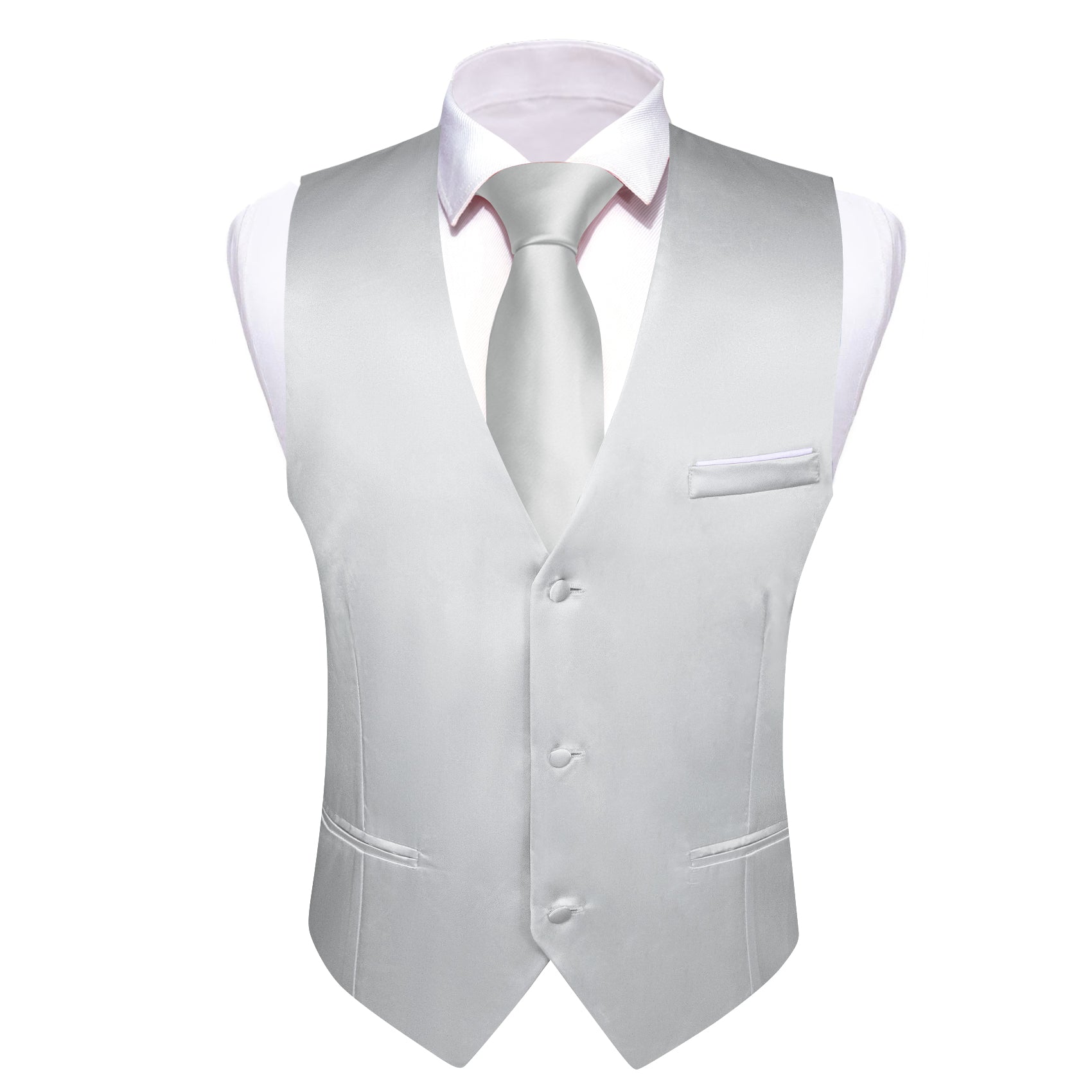  Collarless Waistcoat White Solid Men's Silk Wedding Vest