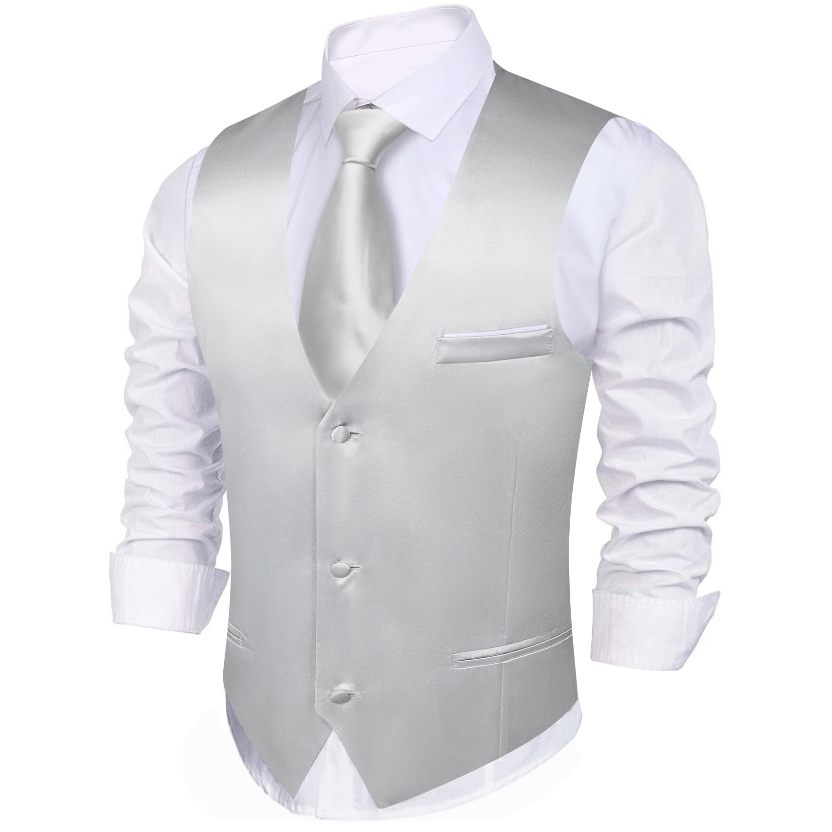  Collarless Waistcoat White Solid Men's Silk Wedding Vest