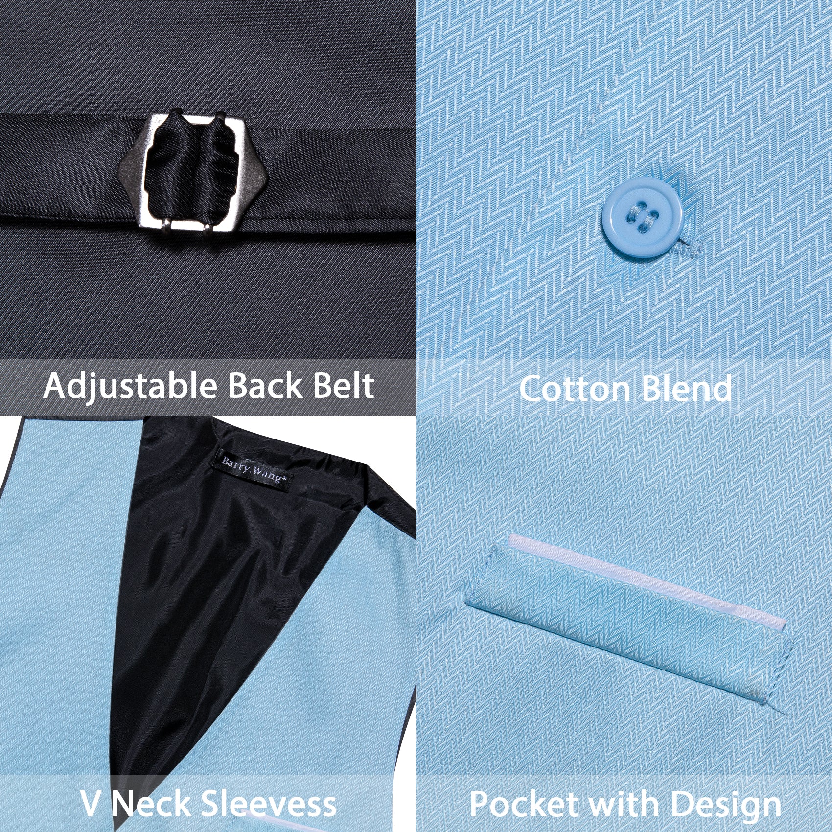 Barry.wang Men's Vest Light Blue Solid Silk Vest Suit for Business