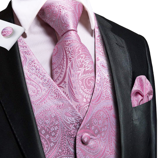 Barry. Wang Pink Paisley Silk Mens Vest Hanky Cufflinks Tie Set Waistcoat Suit Set