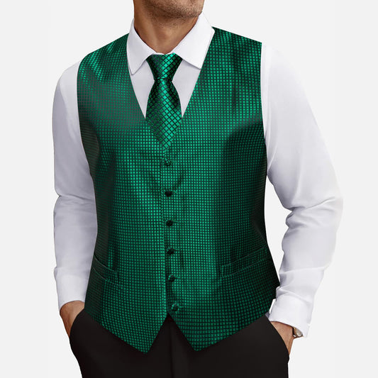 Barry. Wang Emerald Green Suit Vest Plaid Silk Dress Vest Tie Handkerchief Cufflinks Set