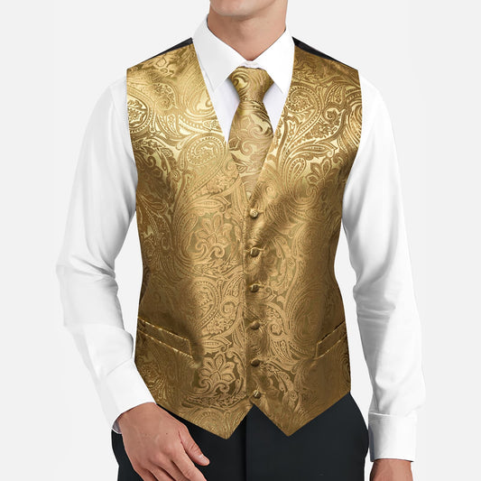Barry. Wang Mens Gold Vest Suit 4PCS Silk Paisley Vest Necktie Hanky Cufflinks Set