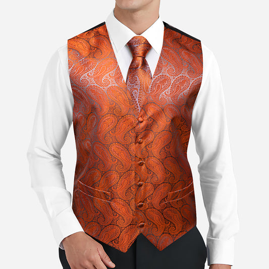 Barry. Wang Mens Burnt Orange Suit Vest Paisley Silk Wedding Waistcoat Tie Hanky Cufflinks Set