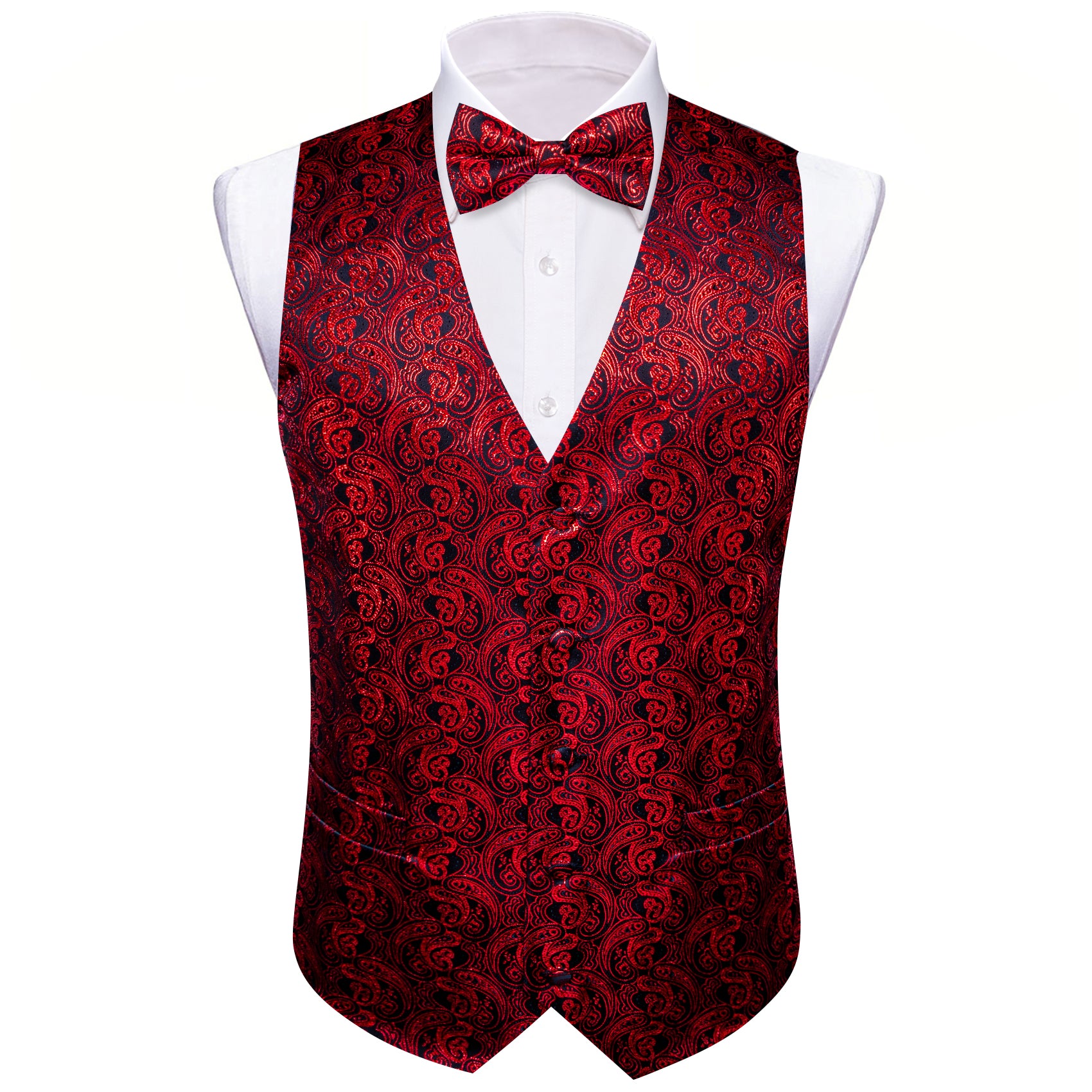 Men's Red Black Paisley Silk Vest Bow tie Pocket square Cufflinks Set