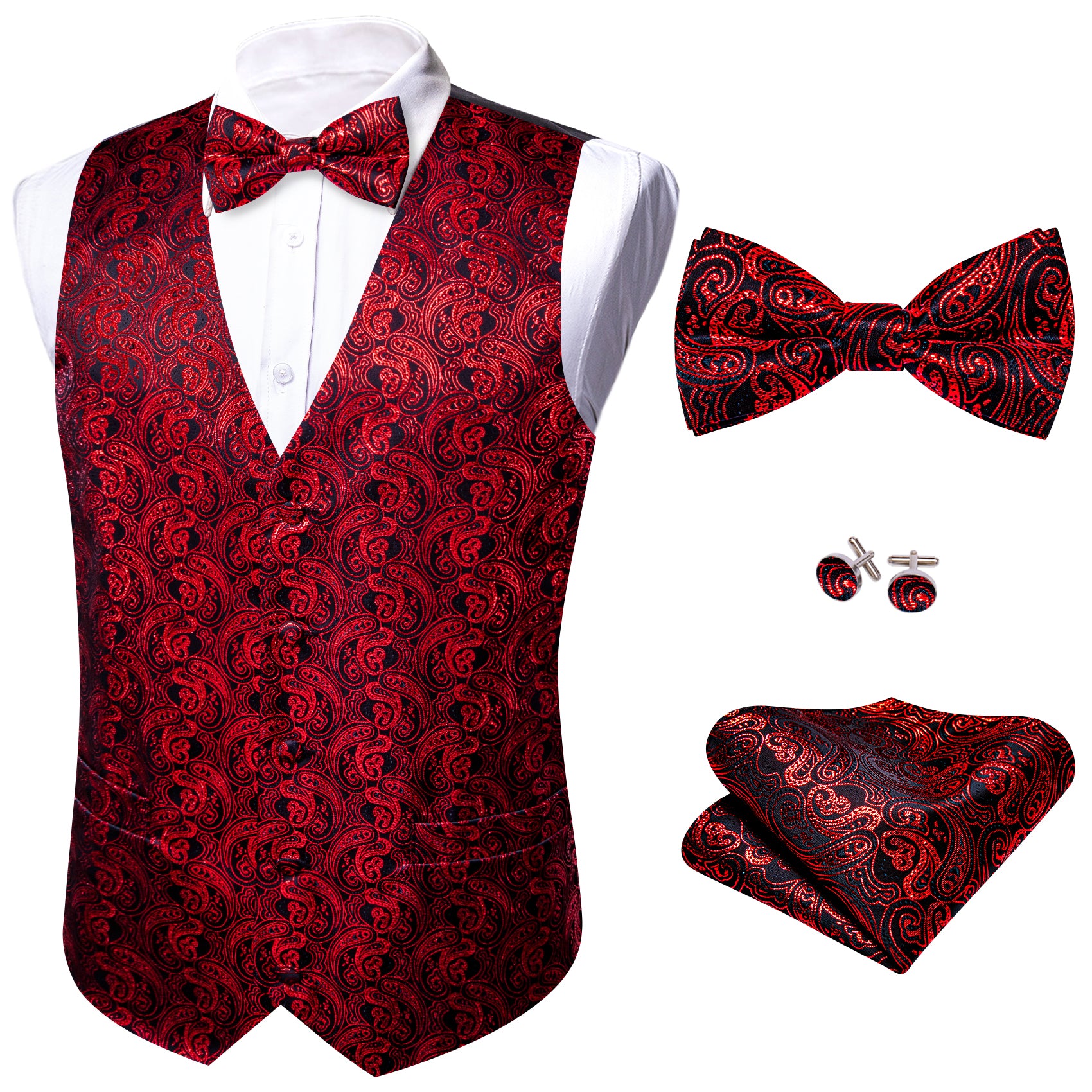 Men's Red Black Paisley Silk Vest Bow tie Pocket square Cufflinks Set