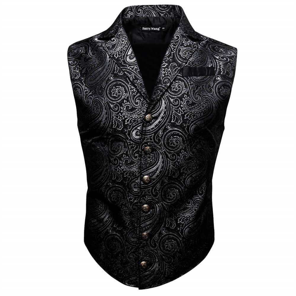 Barry.wang Men's Work Vest Black Paisley Jacquard Paisley Silk Waistcoat Vest