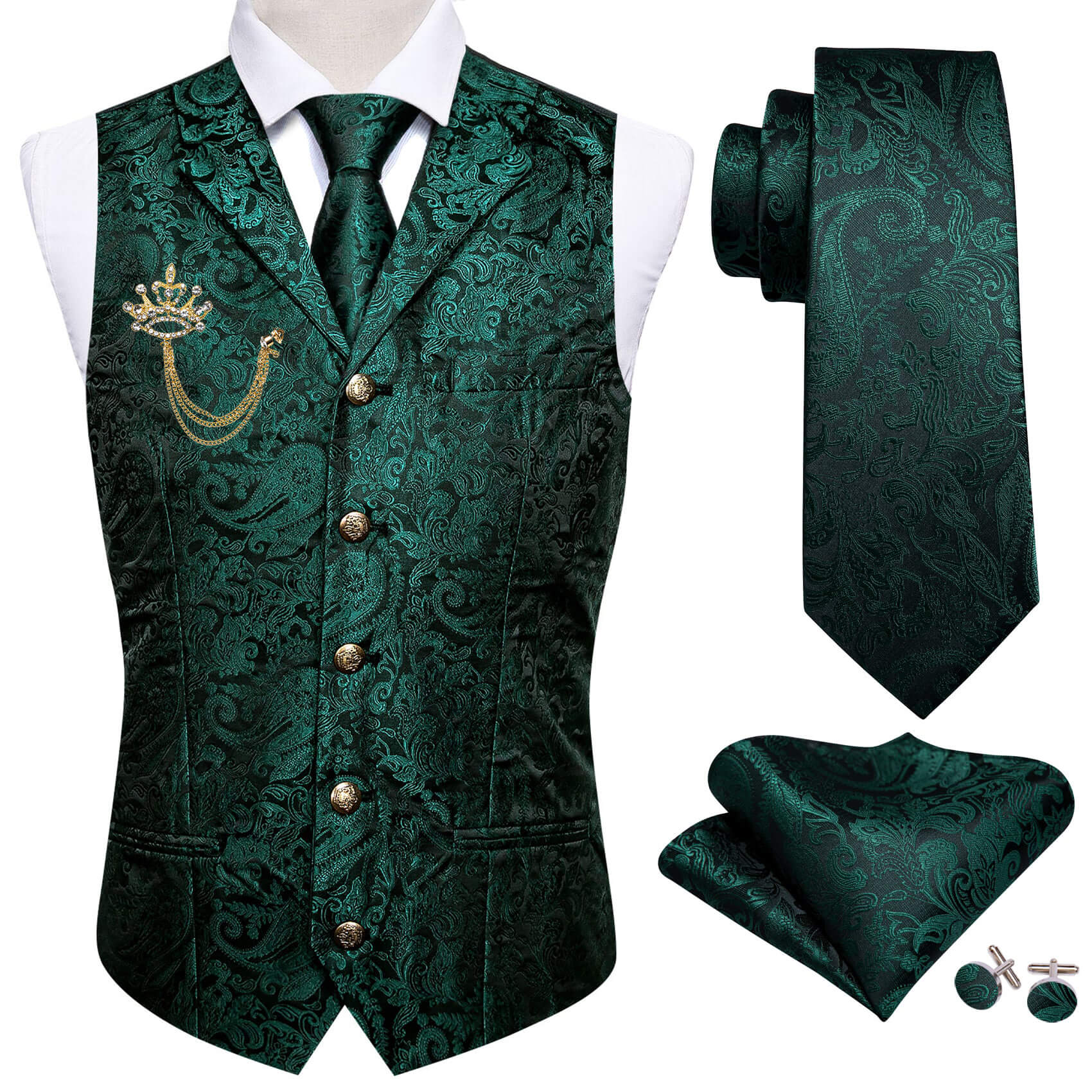 Barry Wang Men's Vest Green Paisley Silk Vest Tie Hanky Cufflinks