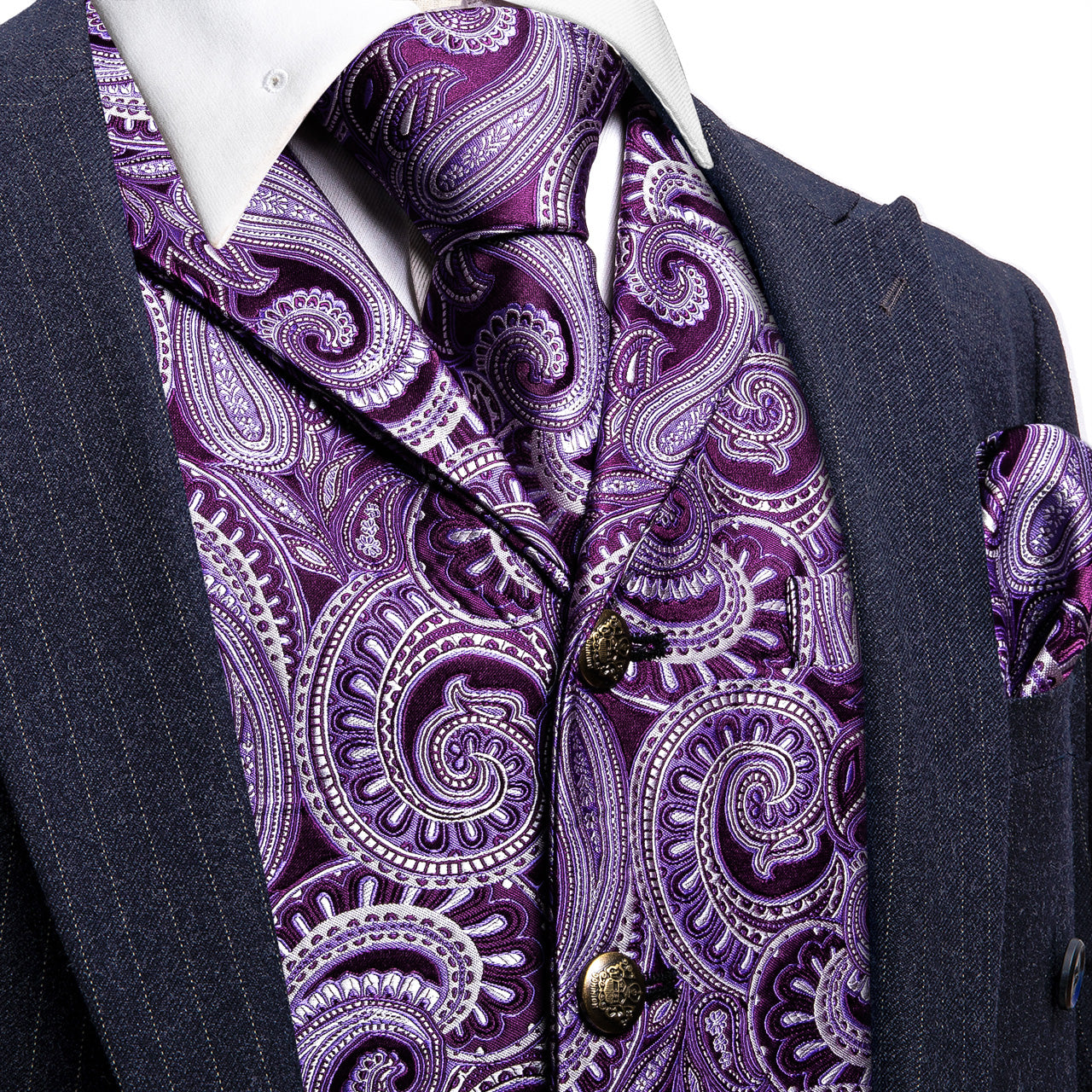 Purple Silver Paisley Silk Vest Necktie Pocket Square Cufflinks Set