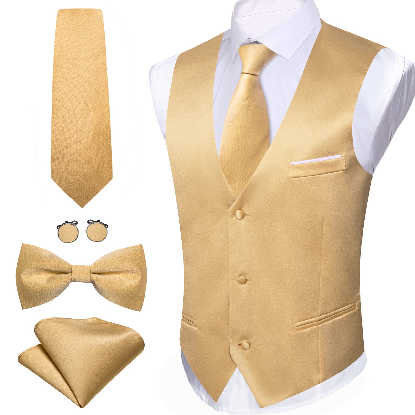 Gold Solid Silk Necktie Bowtie Hanky Cufflinks Waistcoat Vest Set