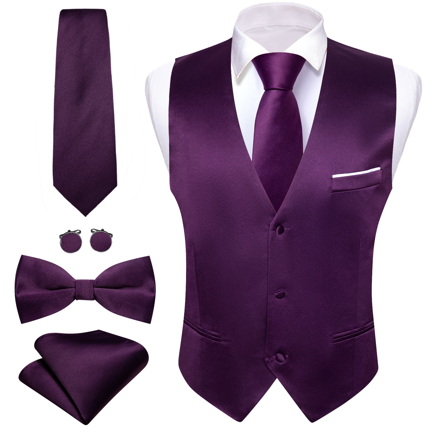 Luxury Purple Solid Silk Necktie Bowtie Hanky Cufflinks Waistcoat Vest Set