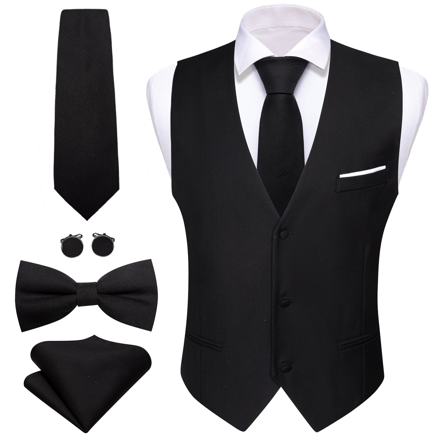 Black Solid Necktie Bowtie Hanky Cufflinks Waistcoat Vest Set