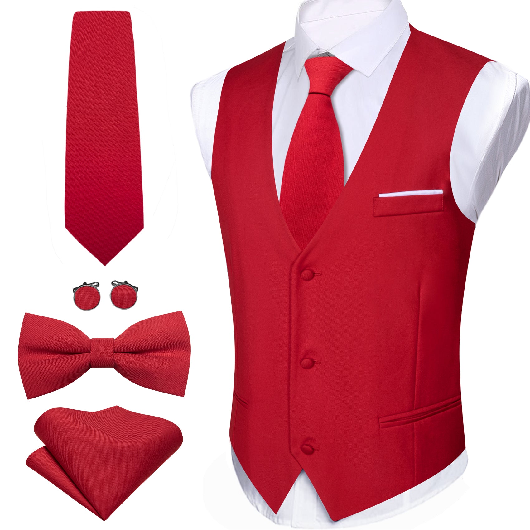 Shining Red Solid Necktie Bowtie Hanky Cufflinks Waistcoat Vest Set