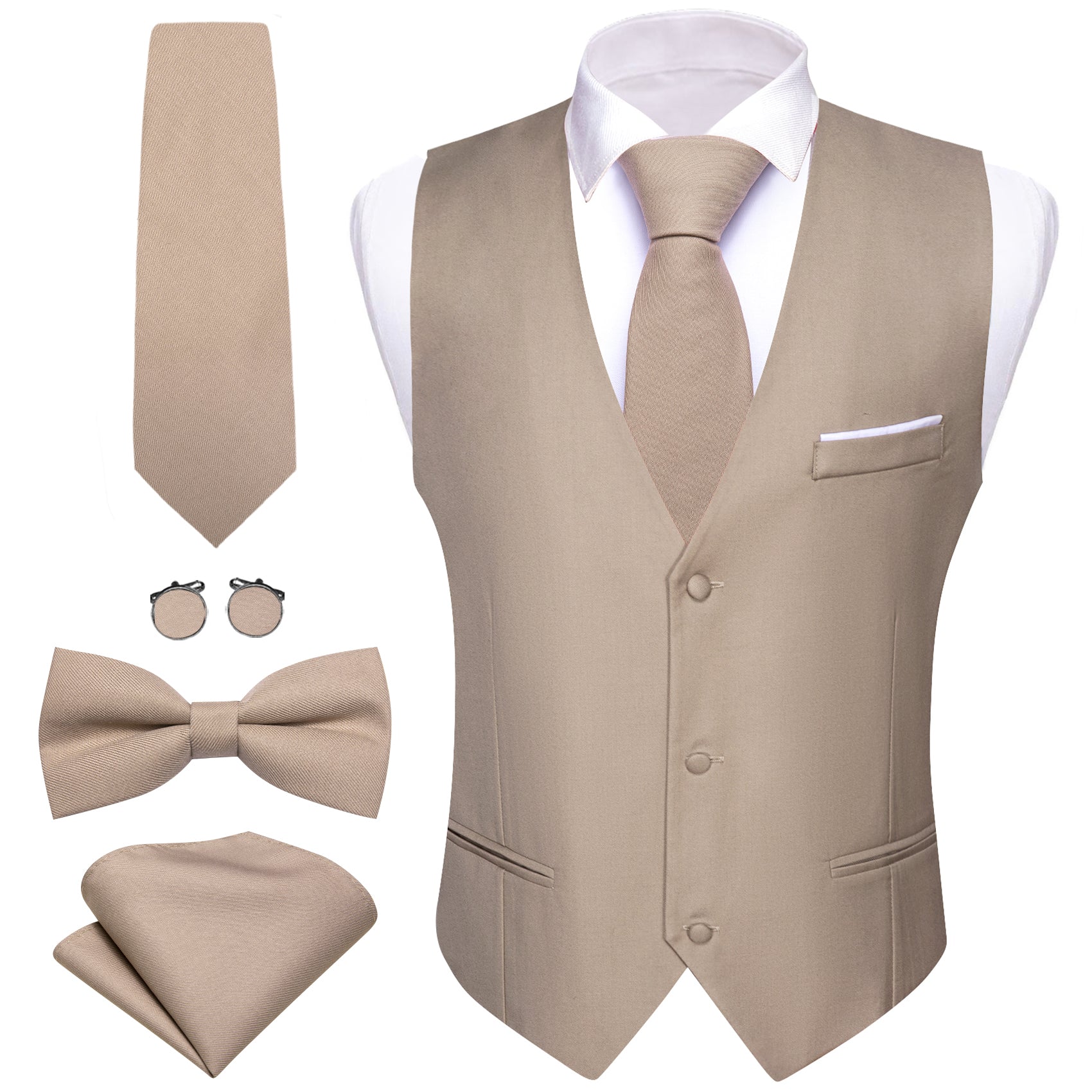 Dark Khaki Solid Necktie Bowtie Hanky Cufflinks Waistcoat Vest Set