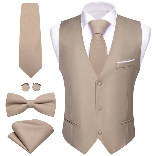 Barry. Wang Mens Khaki Suit Vest Solid Dress Vest Necktie Bowtie Hanky Cufflinks Set
