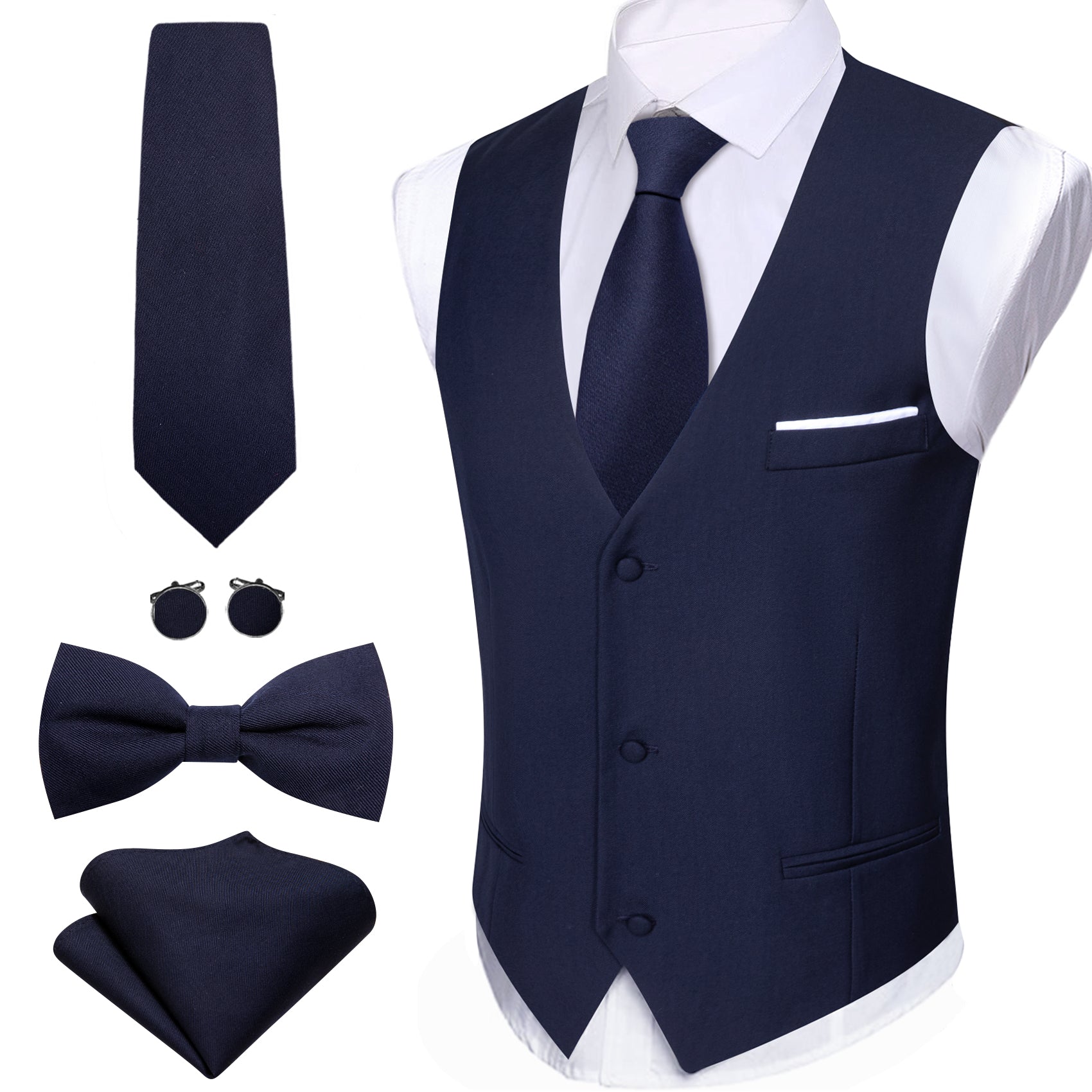 Men's Navy Blue Solid Necktie Bowtie Hanky Cufflinks Waistcoat Vest Set