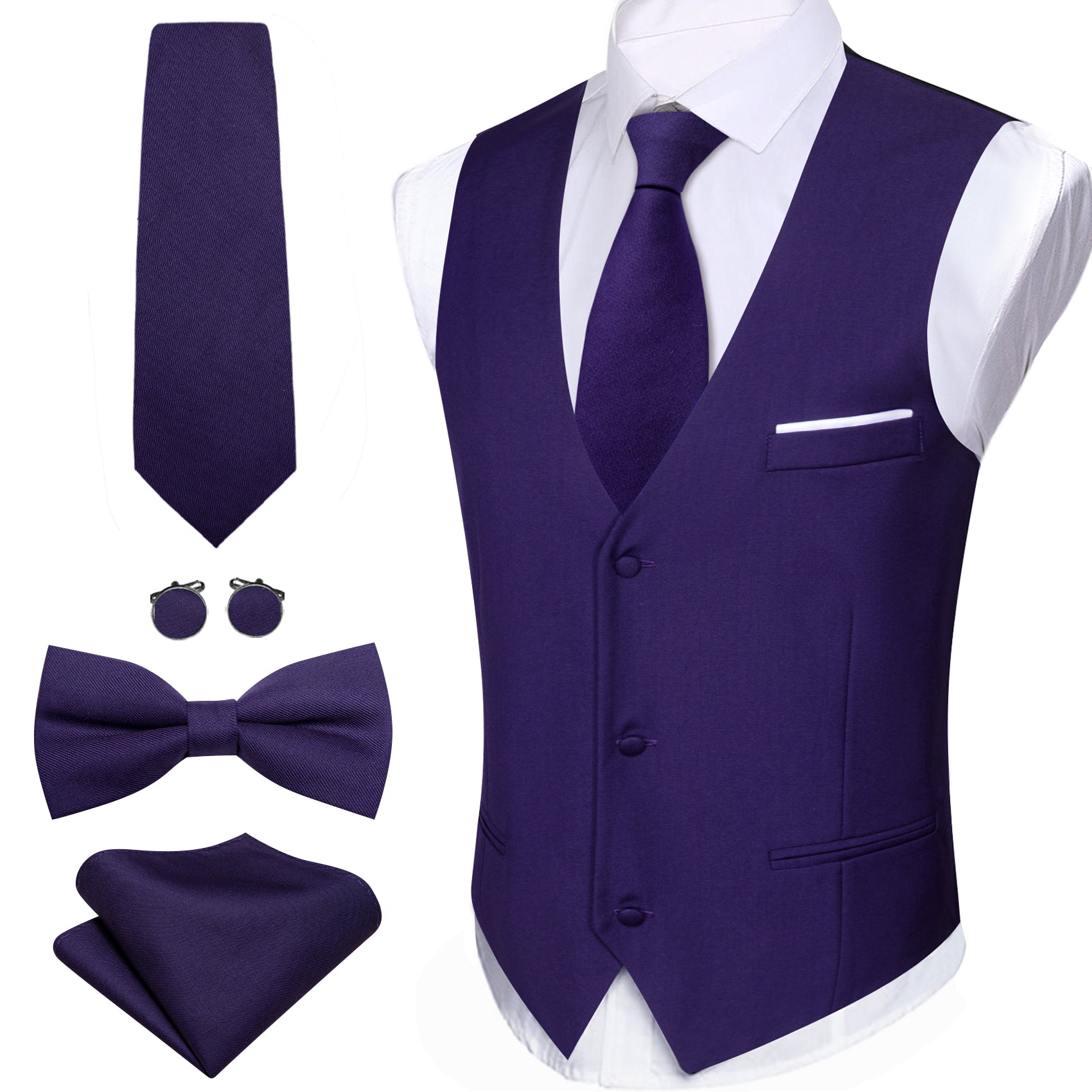 Men's Deep Blue Solid Necktie Bowtie Hanky Cufflinks Waistcoat Vest Set