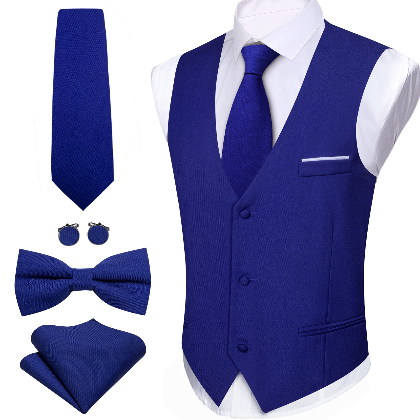 Sapphire Blue Solid Necktie Bowtie Hanky Cufflinks Waistcoat Vest Set