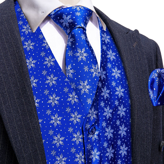Barry. Wang Xmas Tuxedo Vest Set for Men Blue White Snowflake Jacquard Vest Tie Hanky Cufflinks