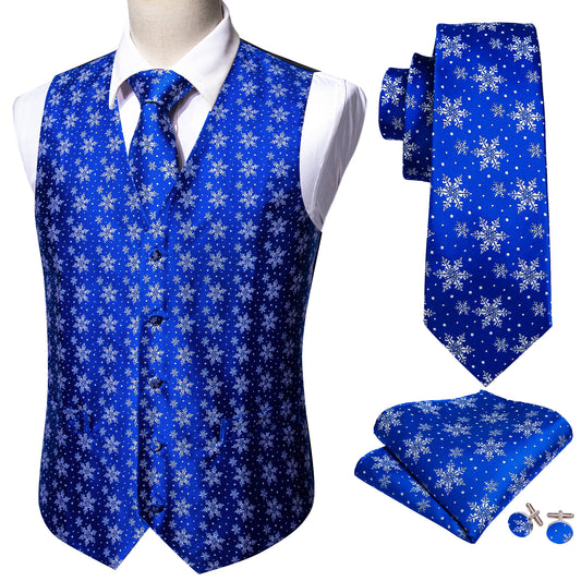 Barry. Wang Xmas Tuxedo Vest Set for Men Blue White Snowflake Jacquard Vest Tie Hanky Cufflinks
