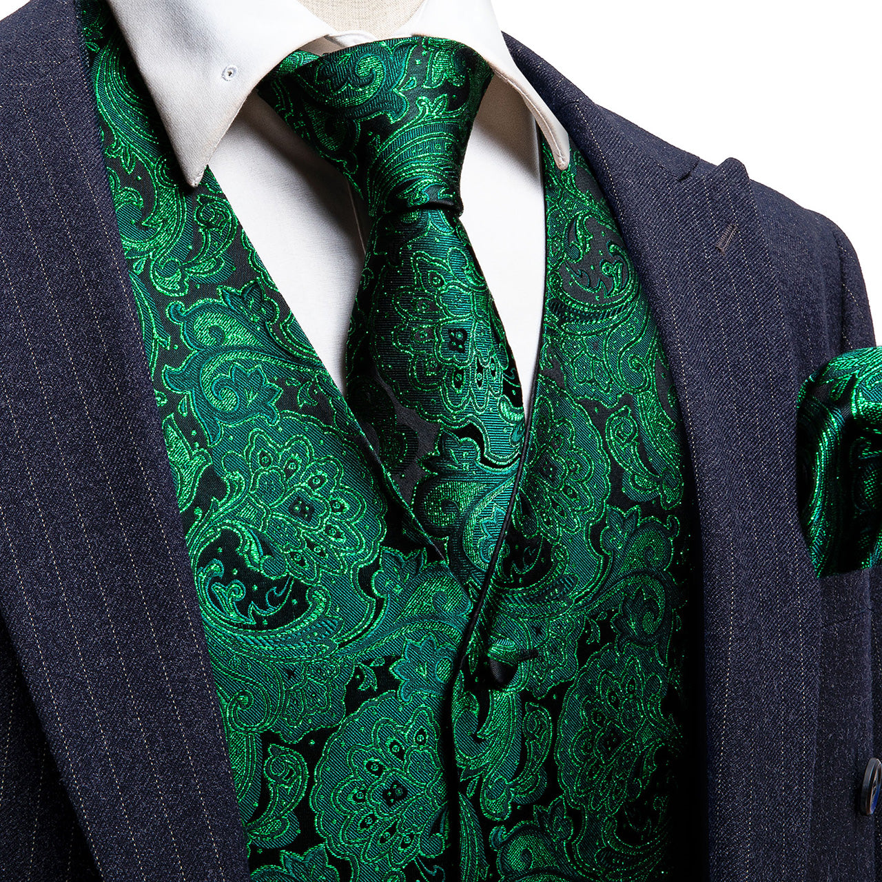 Luxury Green Paisley Silk V Neck Vest Tie Pocket Square Cufflinks Set