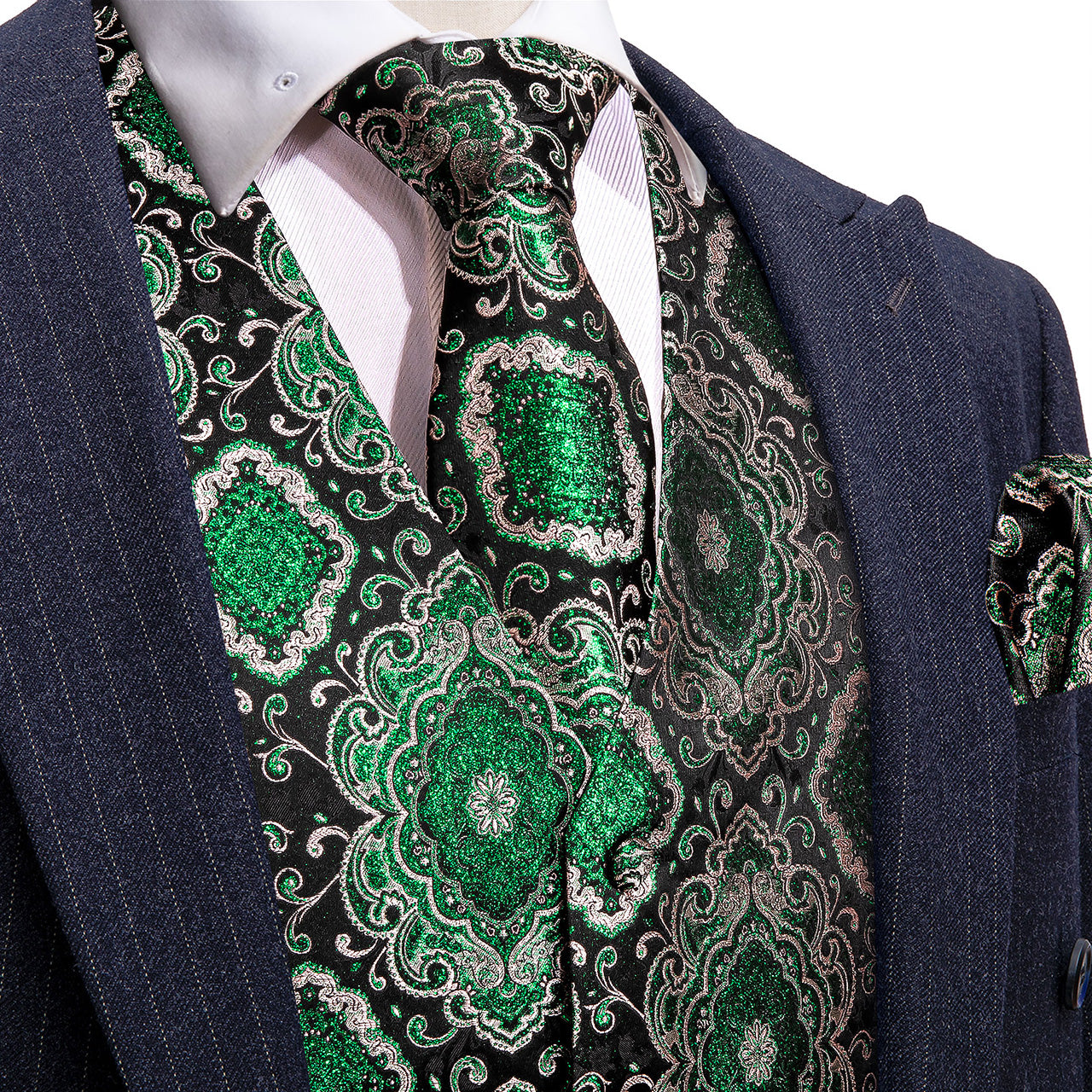Black Green Floral Silk Vest Necktie Pocket Square Cufflinks Set