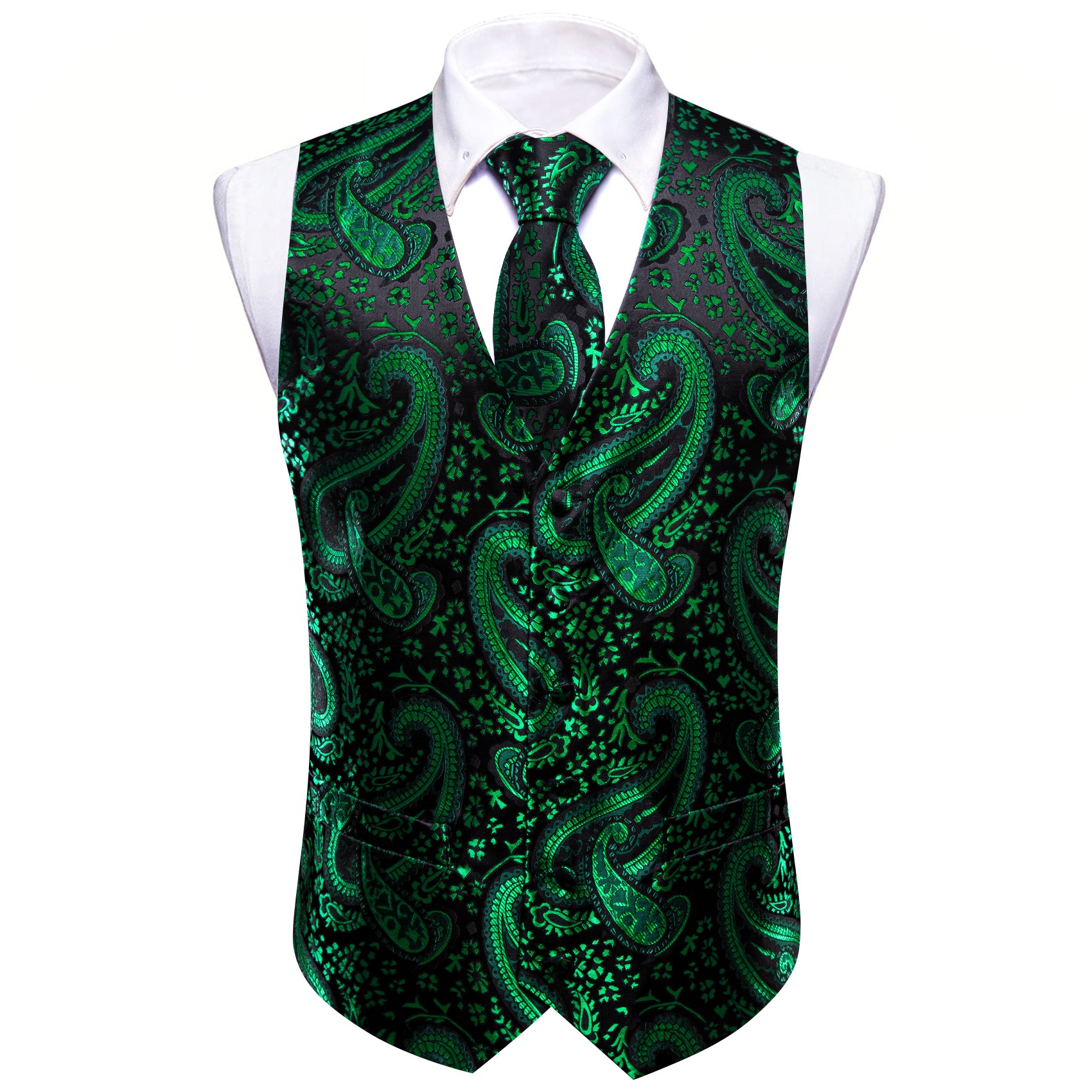 Men's Black Green Silk Tie Waistcoat Vest Hanky Cufflinks Set